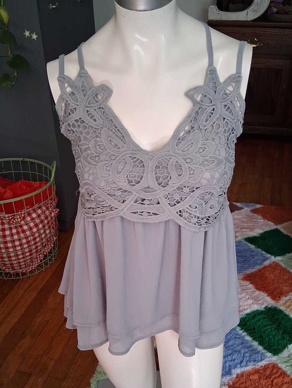 Lace Bodice Spaghetti Strap Camisole - Gray